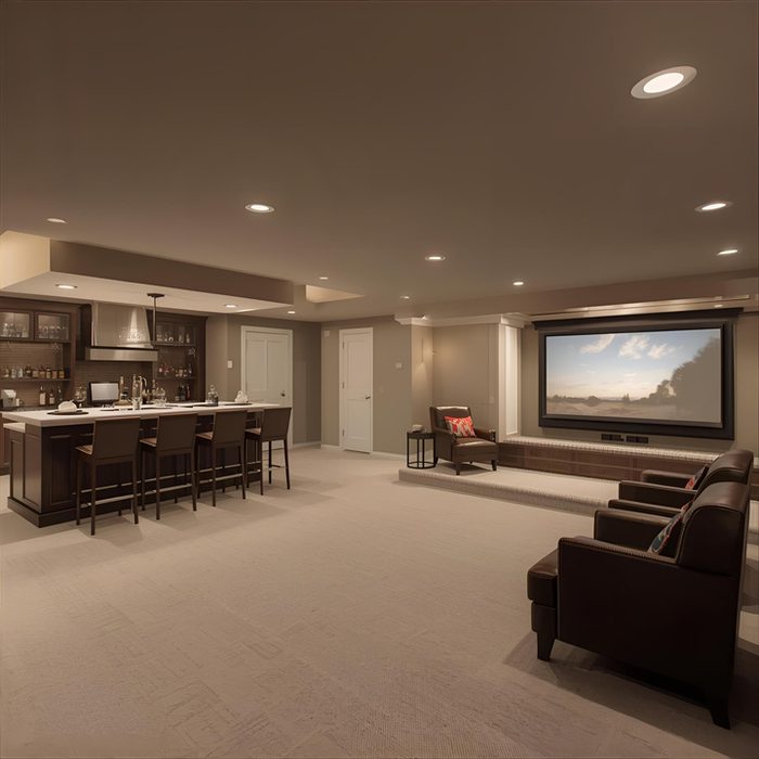 Finished basement media room with bar and seating