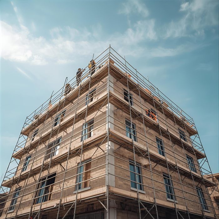 Large commercial building under construction with scaffolding