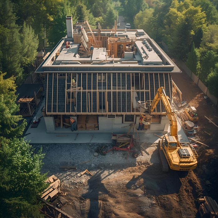 Aerial view of a mountain cabin under construction
