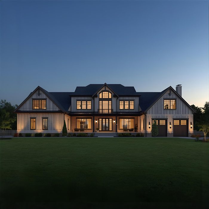 Custom home exterior at dusk