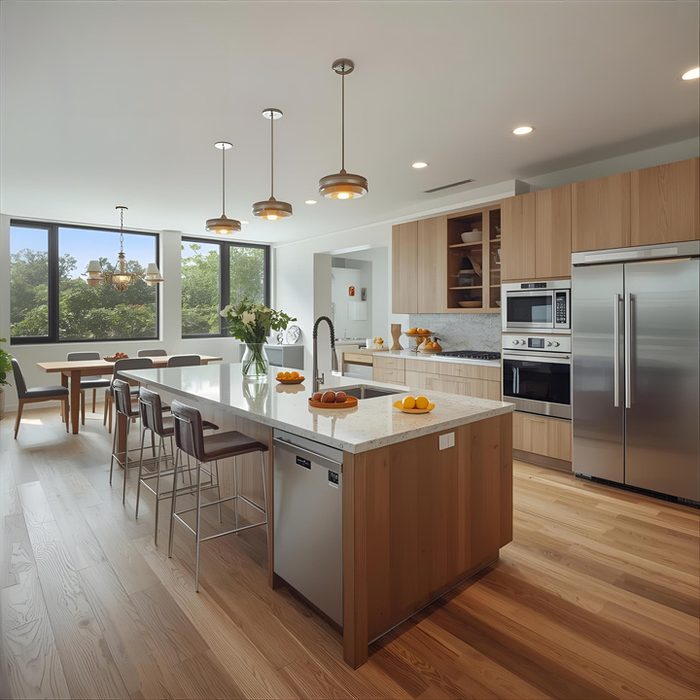 Bright open-concept kitchen and dining area
